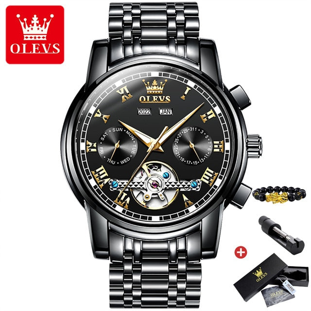 OLEVS Original Watch For Men Automatic Mechanical Watch Top Brand Luxury Tourbillon Wristwatch Classic Male Black Watches 6607