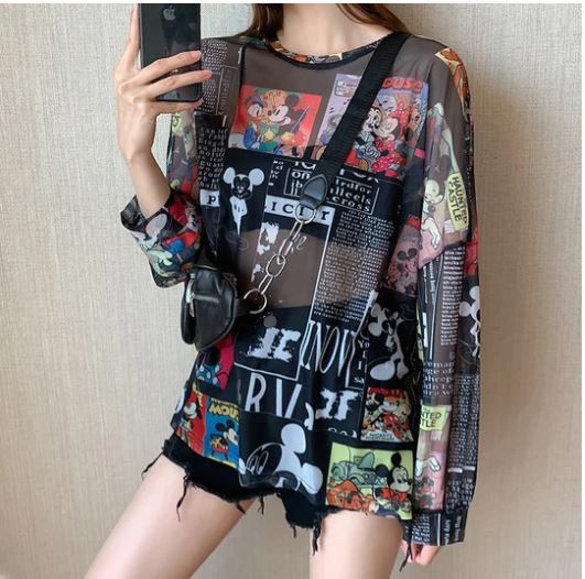 ANIME LARGE / XL MESH SHIRT WOMEN LIGHTWEIGHT SHEER TRANSPARENT LONG SLEEVE BLOUSE LADIES T-SHIRT