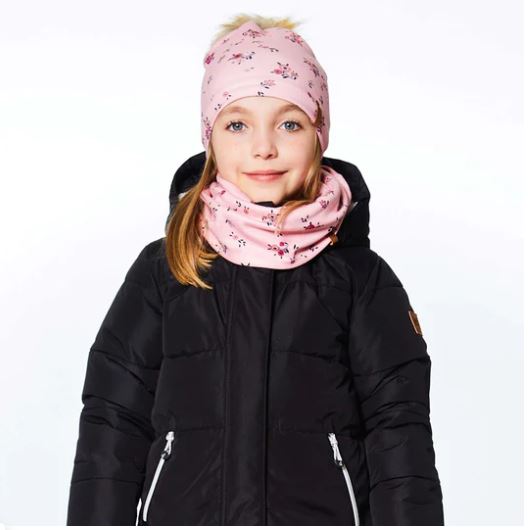 50 % OFF JERSEY HAT WITH PRINTED FLOWERS PEACH PINK AND BLACK FOR KIDS WINTER COLD SEASON