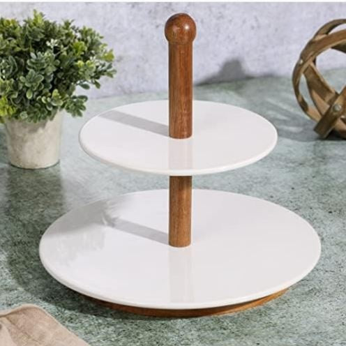 Gibson Home Gracious Dining 3 Piece 10.8″ Serving Stand w/ Wood, White