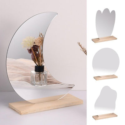 MIRROR IRREGULAR AESTHETIC DECOR ACRYLIC VANITY MIRROR FRAMELESS CUTE WAVY MIRRORS MOON SHAPE WITH WOODEN STAND FOR LIVING ROOM