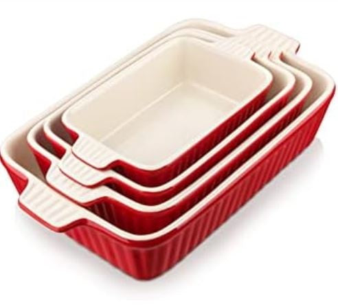 Bakeware Set of 4, MALACASA Porcelain Baking Pans Set for Oven, Casserole Dish, Ceramic Rectangular Baking Dish Lasagna Pans for Cooking Cake Pie Dinner Kitchen, Red (9.5″/11.25″/12.75″/14.5″)