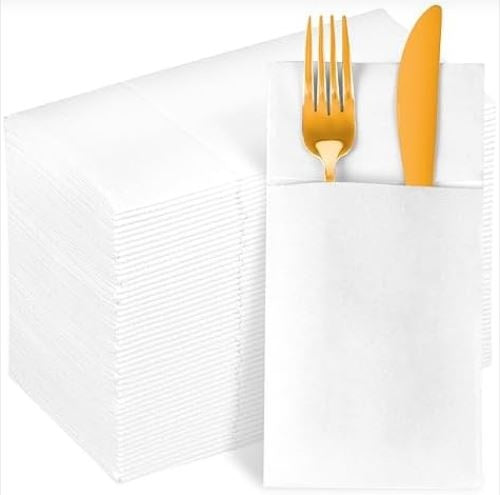 KAMMAK White Cloth Like Dinner Napkins Disposable,Thick and Absorbent Paper Napkins with Pre Folded Silverware Pocket,Durable Hand Paper Towel for Bathroom Party Wedding Kitchen and Events[100 Pack]