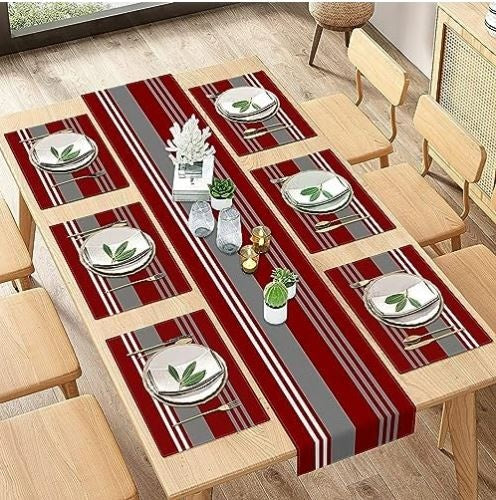 ArtSocket Burgundy Table Runner and Placemats Set of 6, Red Stripes Colorful Grey Line Vintage Abstract Art Dining Table Decor for Daily Use(1 Table Runner 72 inches Long and 6 Placemats)