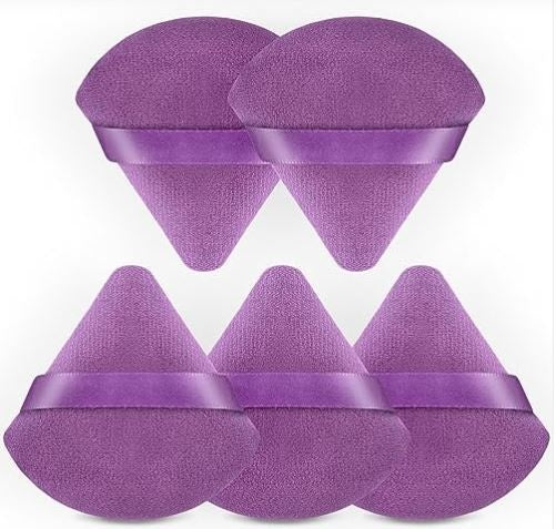 BEAKEY 5Pcs Triangle Powder Puff Set – Soft Makeup Powder Puffs for Flawless Application, Versatile Use Cloud Kiss Sponges with Liquid & Powder Products, Durable & Easy-to-Clean, Purple