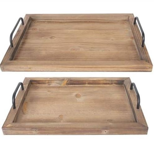 Besti Rustic Vintage Food Serving Trays (Set of 2) | Nesting Wooden Board with Metal Handles | Stylish Farmhouse Decor Serving Platters | Large: 15 x2 x11″ – Small: 13 x2 x9″ inches (Rustic Burnt)