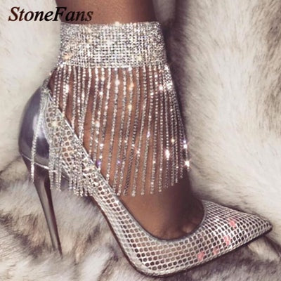 1PC STONEFANS FULL RHINESTONE TASSEL ADJUSTABLE ANKLES FOOT CHAIN JEWELRY FOR WOMEN CRYSTAL ANKLETS CHEVILLE BRACELET LEG GIFTS