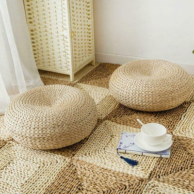 NATURAL STRAW ROUND OTTOMAN TATAMI CUSHION FLOOR CHAIR CUSHION YOGA MEDITATION ROUND JAPANESE SITTING PAD