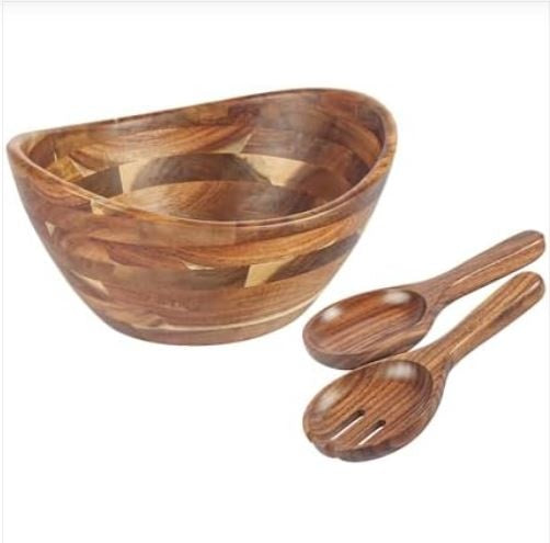 KITEISCAT Large Elegant Oval Acacia Wooden Salad Bowl Set with Wooden Salad Serving Utensils – Big Capacity, Stylish and Practical, Essential for Every Kitchen