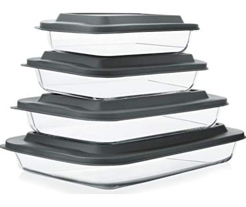 8-Piece Deep Glass Baking Dish Set with Plastic lids,Rectangular Glass Bakeware Set with Lids, Baking Pans for Lasagna, Leftovers, Cooking, Kitchen, Freezer-to-Oven and Dishwasher, Gray