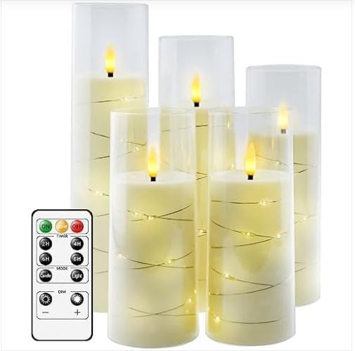 kakoya Flameless LED Candles with Timer 5 Pc Flickering Flameless Candles for Romantic Ambiance and Home Decoration Durable Acrylic Shell,with Embedded Star String，Battery Operated Candles（Ivory）