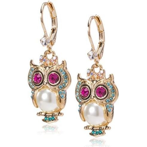 Betsey Johnson Pearl Critters Owl Drop Earrings