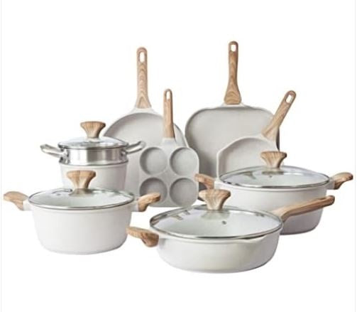 Country Kitchen Induction Cookware Sets – 13 Piece Nonstick Cast Aluminum Pots and Pans with BAKELITE Handles, Glass Lids -Cream