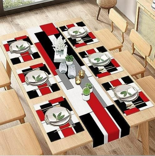 ArtSocket Geometric Table Runner and Placemats Set of 6, Red Black Grey Abstract Painting Art Dining Table Decor for Daily Use(1 Table Runner 72 inches Long and 6 Placemats)