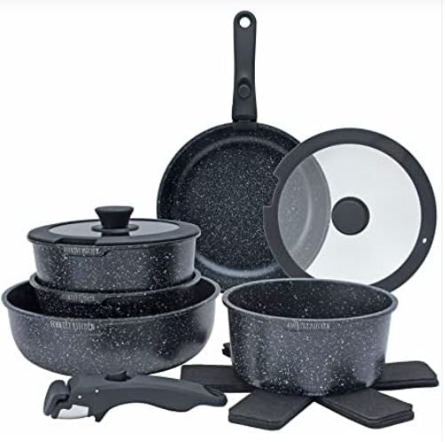 Country Kitchen 13 Piece Pots and Pans Set – Safe Nonstick Kitchen Cookware with Removable Handle, RV Cookware Set, Oven Safe (Black)