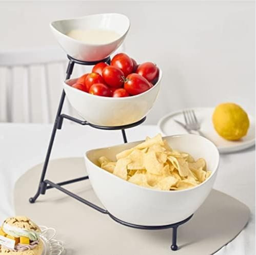 Gomakren 3 Tiered Oval Serving Bowl With Collapsible Metal Rack, Dessert Appetizer, Candy Chip Dip, Fruit, Vegetable Bowl Set, White Serving Dishes For Entertaining (Black Stand)