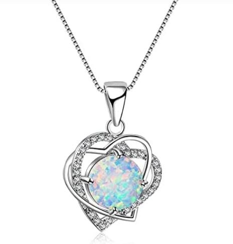 lehao Heart Shape Pendant Necklace Round Opal Necklace Wedding Anniversary Jewelry Best Gift for Women,White