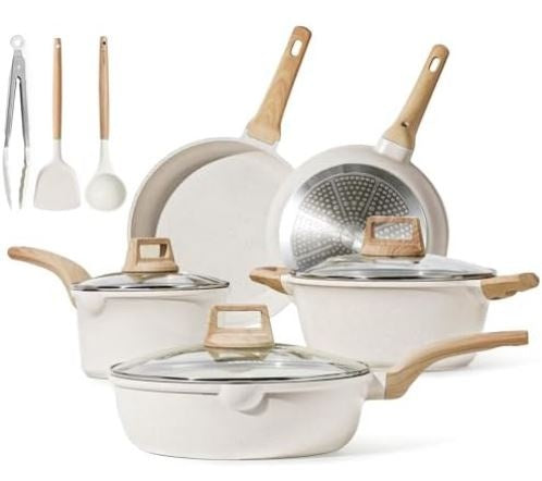 CAROTE Pots and Pans Set Nonstick, White Granite Induction Kitchen Cookware Sets, 11 Pcs Non Stick Cooking Set w/Frying Pans & Saucepans(PFOS, PFOA Free)