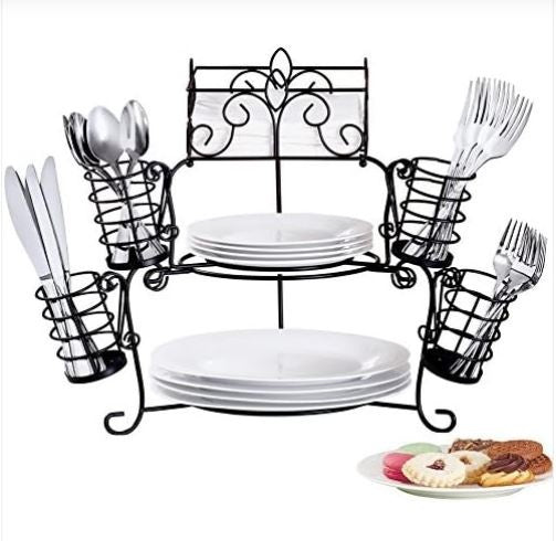 Collections Etc Metal Buffet Organizer with Scroll Design, 7-Piece Set for Plates, Napkins and Cutlery