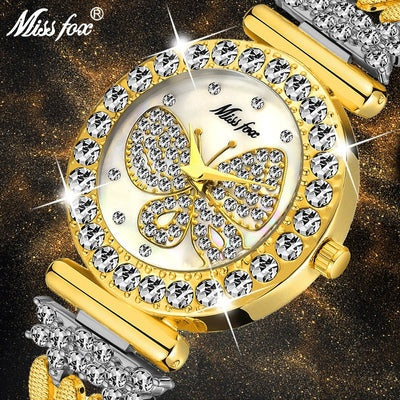 MISSFOX BUTTERFLY WOMEN WATCHES LUXURY BRAND BIG DIAMOND 18K GOLD WATCH WATERPROOF SPECIAL BRACELET EXPENSIVE LADIES WRIST WATCH