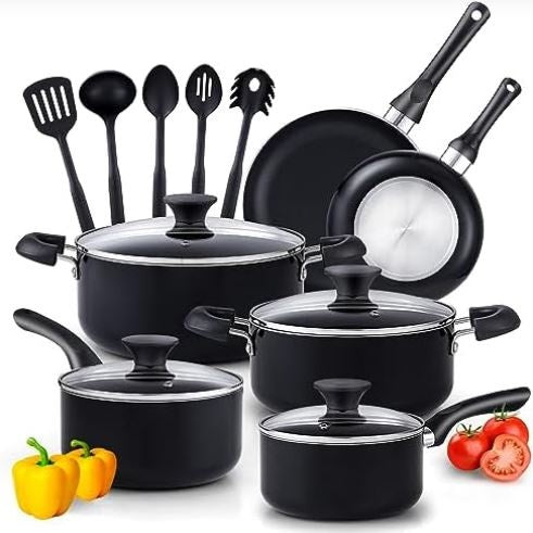 Cook N Home Basics Pots and Pans Cooking, 15-Piece Nonstick Cookware Set, Black