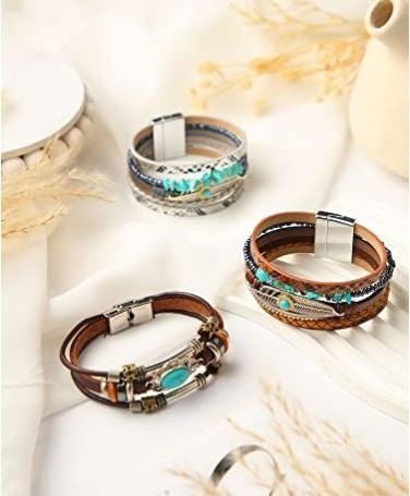 Inbagi 3 Pcs Turquoise Bohemian Bracelet for Women Girls Faux Leather Cuff Bracelet Multi Layer Western Jewelry Crystal Wristbands