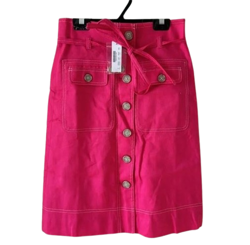 NWT J Crew Women's Pink Linen Pocket Utility Waist Tie Midi Stretch Button Skirt. Size 0.