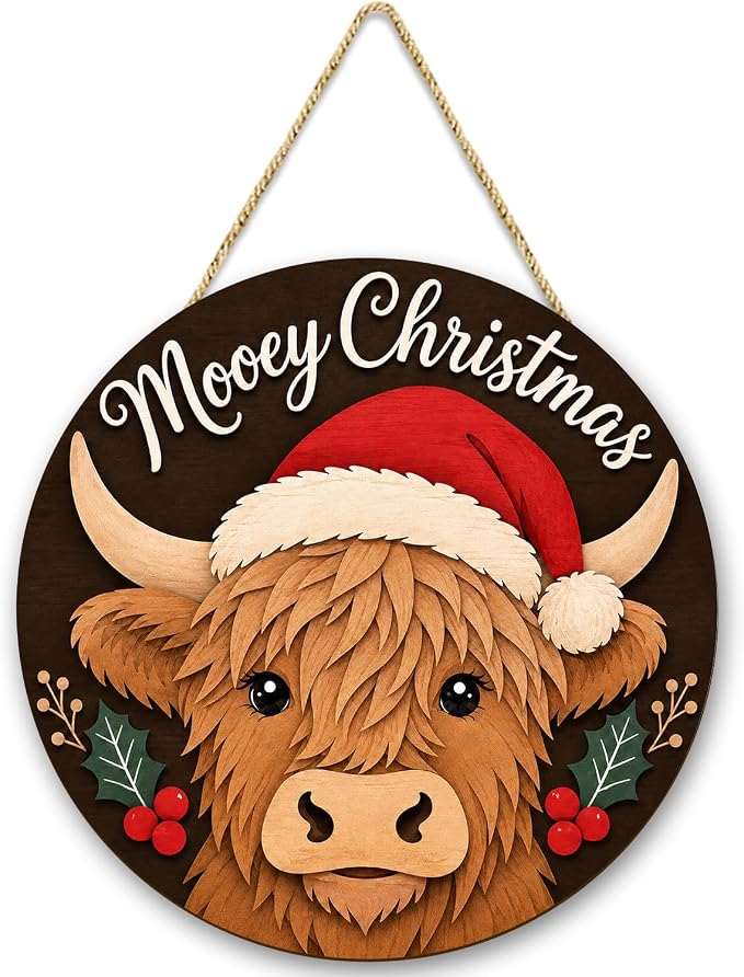 Highland Cow Christmas Wooden Sign, Christmas Wall Decor, Christmas Wreath