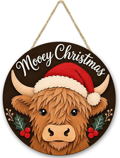 Highland Cow Christmas Wooden Sign, Christmas Wall Decor, Christmas Wreath