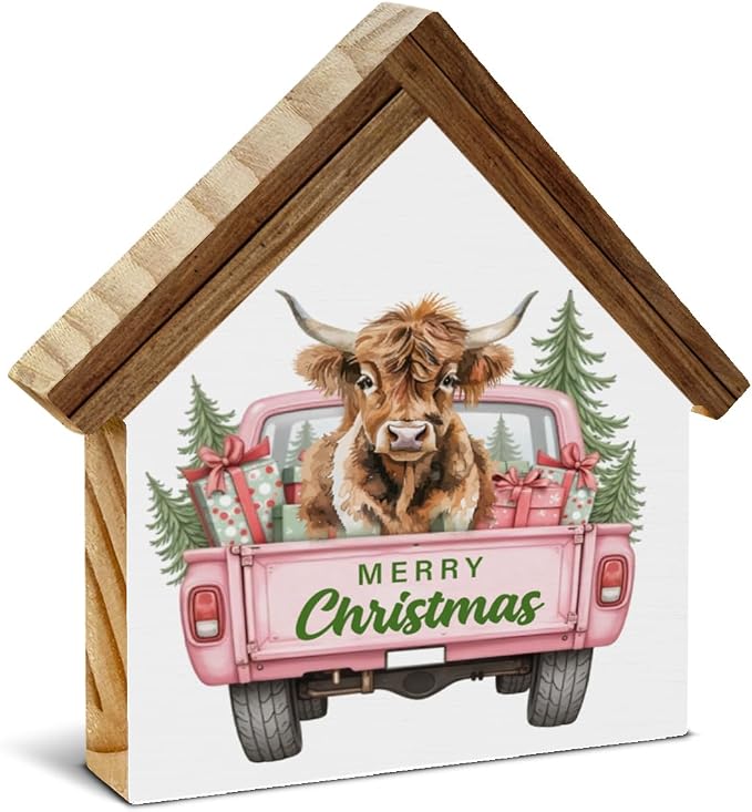 Pink Christmas Highland Cow Decor Merry Christmas Highland Cow House Shaped Wood