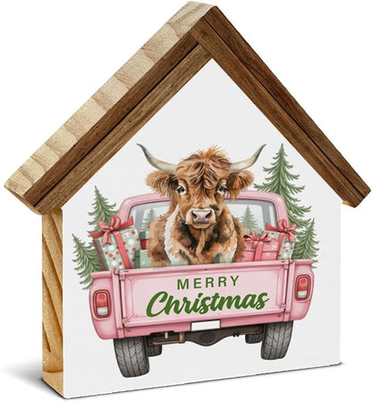 Pink Christmas Highland Cow Decor Merry Christmas Highland Cow House Shaped Wood