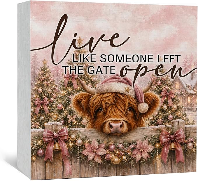 Pink Highland Cow Christmas Wooden Box Signs, Pink Christmas Decor