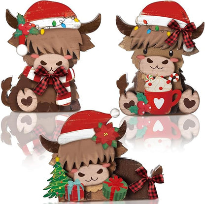 GlikCeil 3 Pcs Christmas Highland Cow Table Decorations Wood Centerpiece