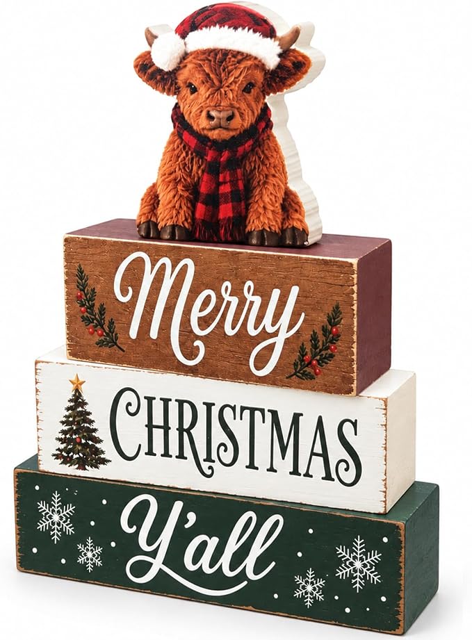 Highland Cow Christmas Tiered Tray Decor, Merry Christmas Wooden Block Sign