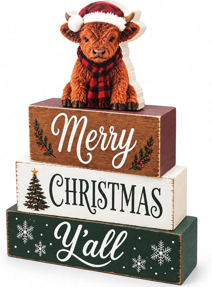 Highland Cow Christmas Tiered Tray Decor, Merry Christmas Wooden Block Sign