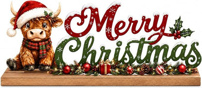 Highland Cow Christmas Decorations Indoor Wooden Table Sign