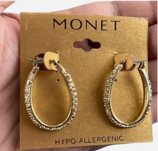 New Monet Hypo-Allergenic Oval Hoop Gold Tone Earrings. Women's Fashion.