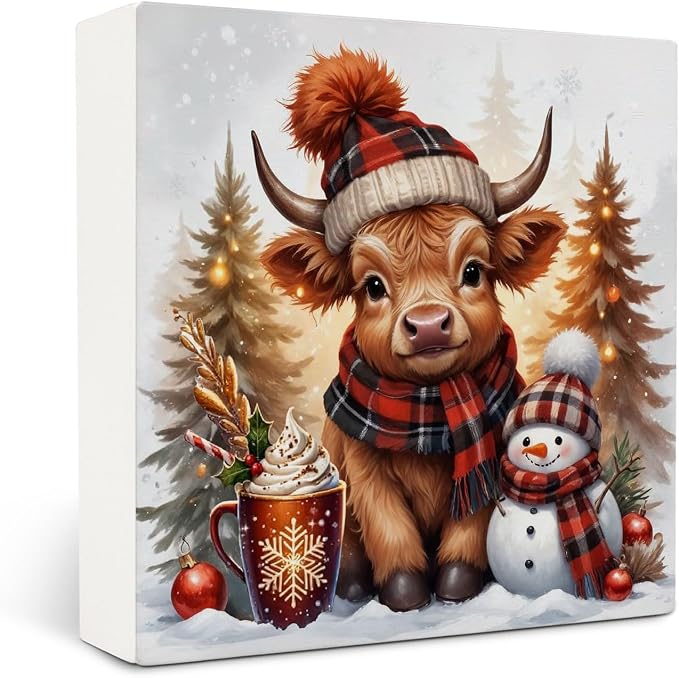 Christmas Highland Cow Wooden Box Sign Desk Decor, Highland Cow Christmas