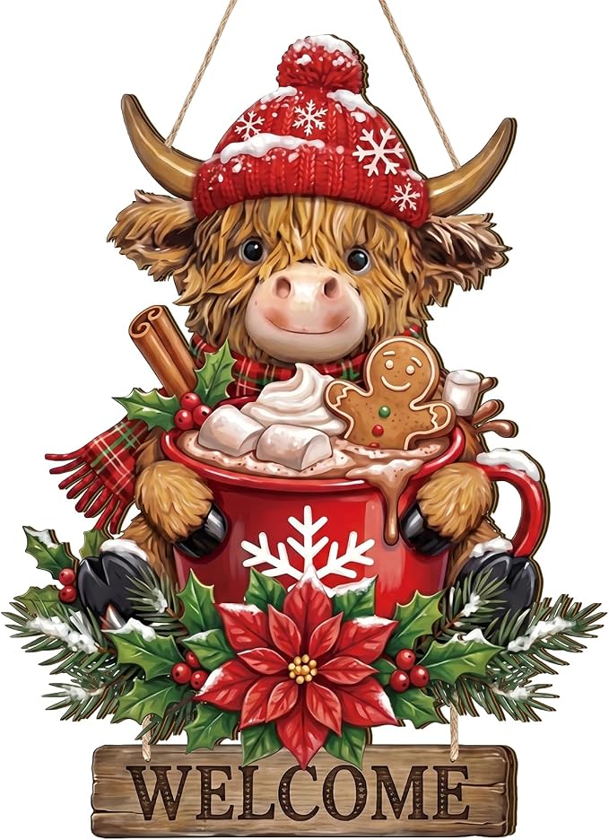 Anglechic Christmas Highland Cow Welcome Door Sign, 13.58 x 9.45 Inches