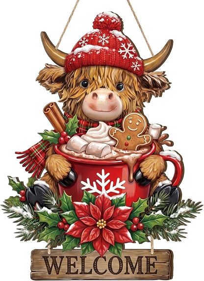 Anglechic Christmas Highland Cow Welcome Door Sign, 13.58 x 9.45 Inches