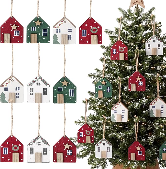 10 Pcs Christmas Wooden House Ornaments Rustic Farmhouse Wood Village Cabin