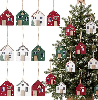 10 Pcs Christmas Wooden House Ornaments Rustic Farmhouse Wood Village Cabin