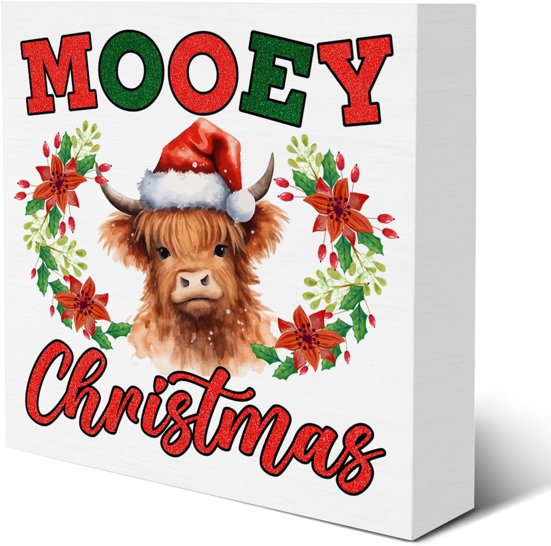 Christmas Highland Cow Decorations Mooey Christmas Wooden Box Sign for Winter