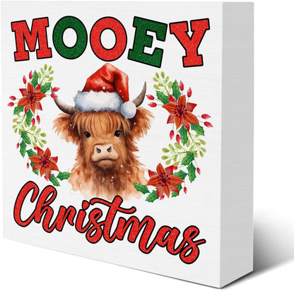 Christmas Highland Cow Decorations Mooey Christmas Wooden Box Sign for Winter