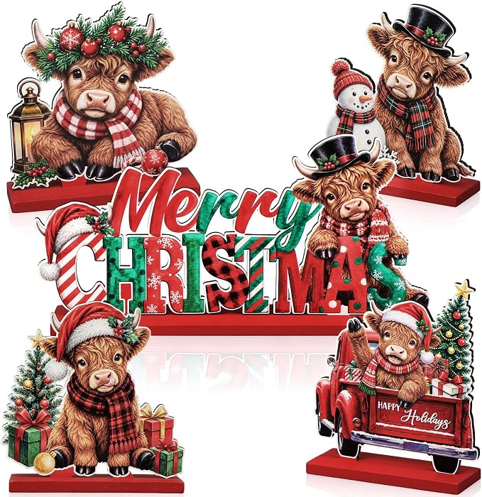 Sliner 5 Pcs Christmas Highland Cow Table Signs Wooden Tabletop Decor