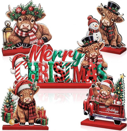 Sliner 5 Pcs Christmas Highland Cow Table Signs Wooden Tabletop Decor