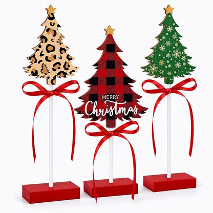 Lazy time 3Pcs Christmas Table Centerpieces Wooden Tree Set Leopard