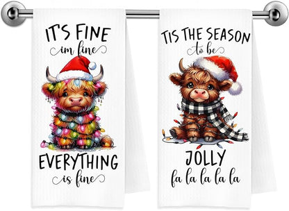 Funny Christmas Highland Cow Kitchen Towels, Highland Cow Christmas Decor