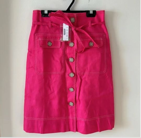 NWT J Crew Women's Pink Linen Pocket Utility Waist Tie Midi Stretch Button Skirt. Size 0.