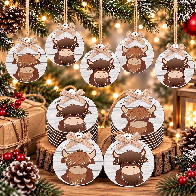 Geelin 12 Pcs Highland Cow Christmas Ornaments, 3D Wooden Tree Decorations